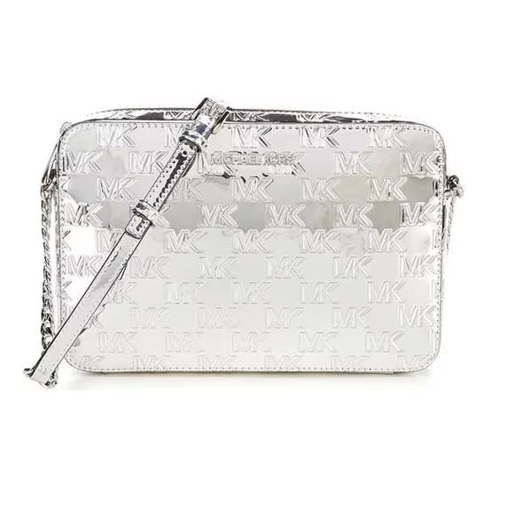 MICHAEL KORS Facet Logo Embossed Specchio Crossbody Bag Silver NEW - Picture 1 of 7